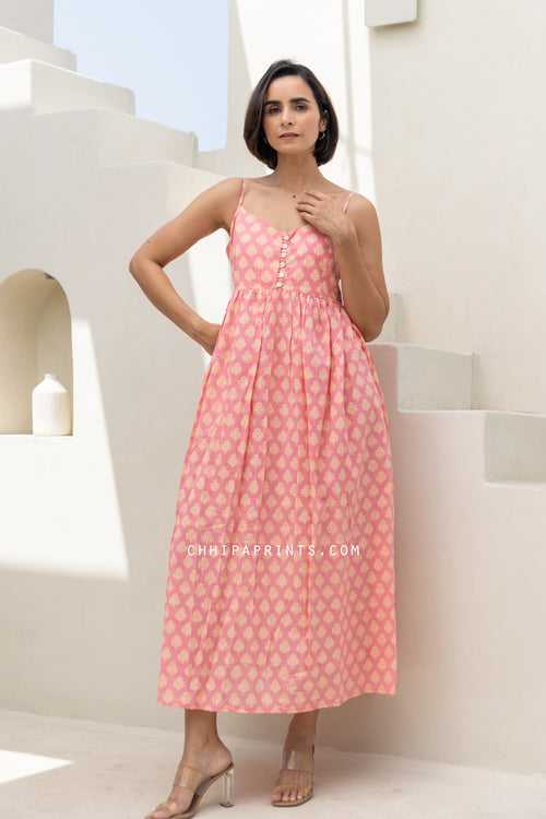 Cotton Gud Mahin Buti Print Strappy Maxi Dress in Hot Pink