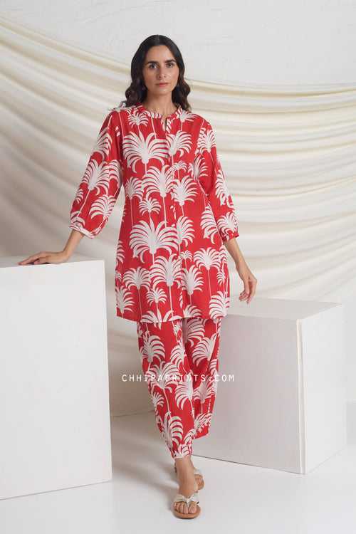 Cotton Hand Printed Palm Tree Co Ord Set in Red