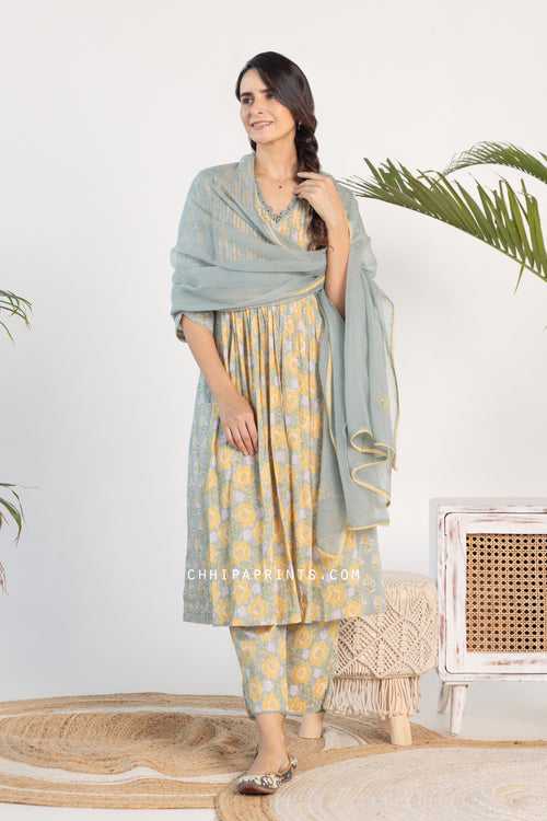 Cotton V Neck Shell Tuck Kurta Set in Shades of Matte Green & Yellow