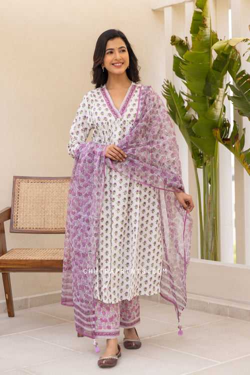 Cotton Block Print Mahin Buti Kurta Set in Purple