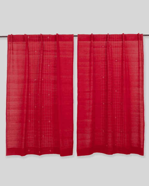 Jali Buta Jamdani Cotton Handloom Curtain- Red - Single Piece - 4X3 Feet