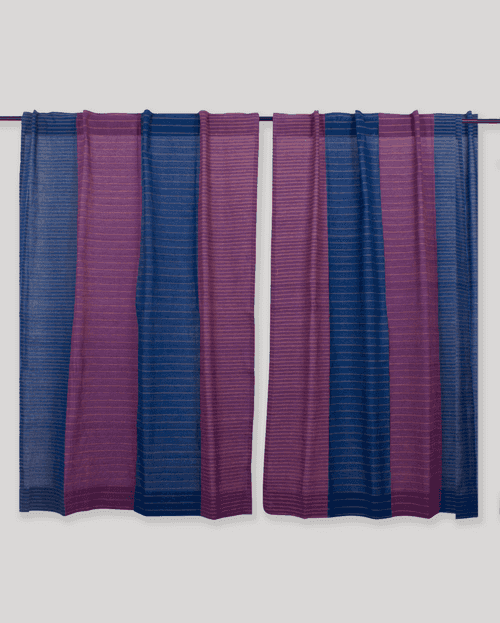 Turned Weft Cotton Handloom Curtain- Blue & Pink - Single Piece - 7.5X3 Feet