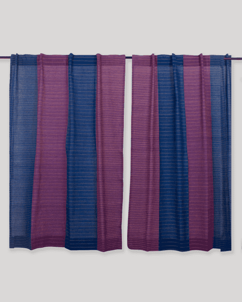 Turned Weft Cotton Handloom Curtain- Blue & Pink - Single Piece - 4X3 Feet