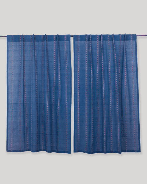 IR Rain Dobby Cotton Handloom Curtain - Blue - Single Piece - 7.5X3 Feet