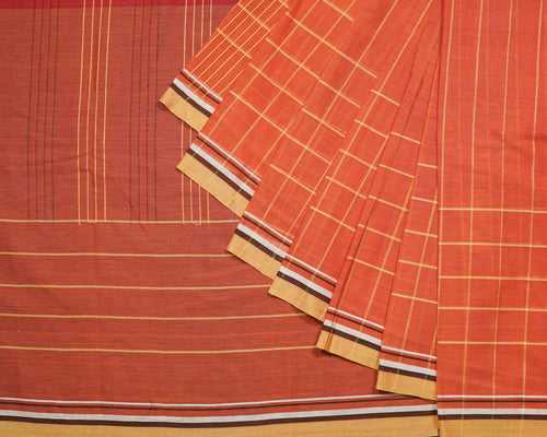Climbing Stripe Turned Weft Cotton Handloom Saree - Red