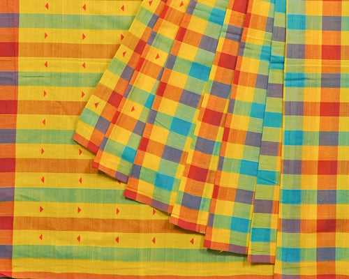 Checks Multicolour Buta Cotton Handloom Saree - Yellow, Maroon, Blue