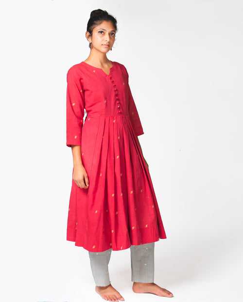 Pleated Gher Kurta - Red