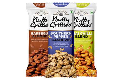 Relish Combo Thai Chilli Blend, Pepper Cashews, Barbeque Almonds (Pack of 3 x Each 40g)-120g
