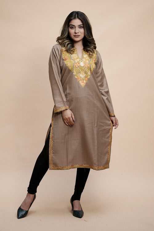 Beige Colour Cotton Kurti With Kashmiri Motifs With Latest Fashion Trend.
