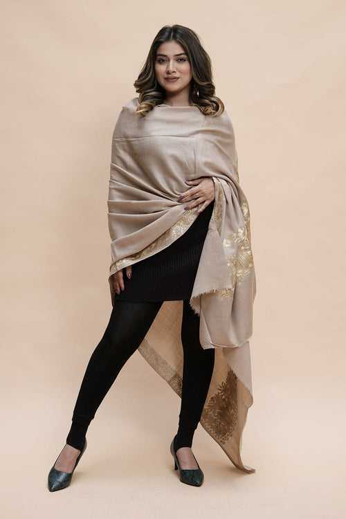 Beige Colour Semi Pashmina Shawl Enriched With Ethnic Heavy Golden Tilla Embroidery With Running border