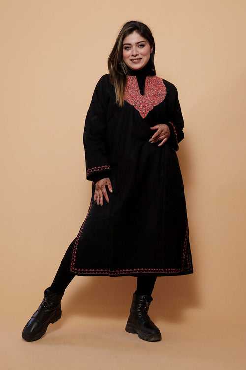 Black Color Kashmiri  Work Embroidered Phiran Enriched With Mechine Sozni Neckline Pattern