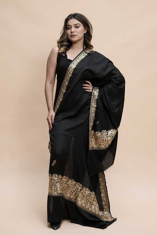 Black  Colour Semi Pashmina Shawl Enriched With Ethnic Heavy Golden Tilla Embroidery With Running border