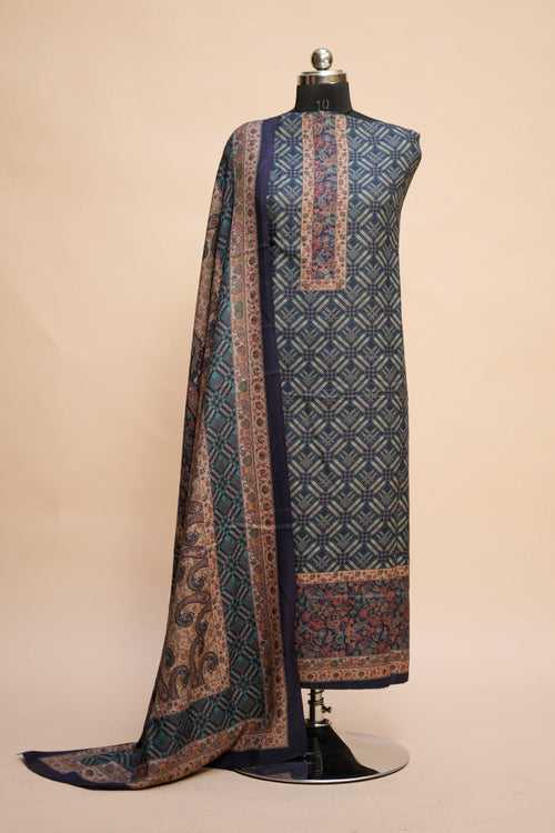Blue Color Woolen Kashmiri Kani Work Unstitched Suit Fabric With Stole.