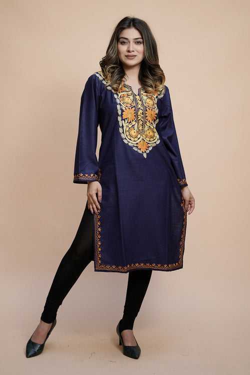 Blue Colour Cotton Kurti With Kashmiri Motifs With Latest Fashion Trend.