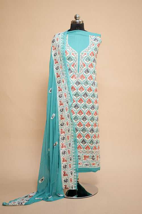 Blue  Colour Designer Aari Work Salwar Kameez With Running Tulip Jaal  Pattern