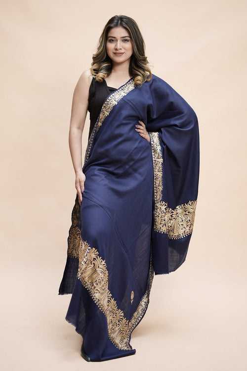 Blue  Colour Semi Pashmina Shawl Enriched With Ethnic Heavy Golden Tilla Embroidery With Running border