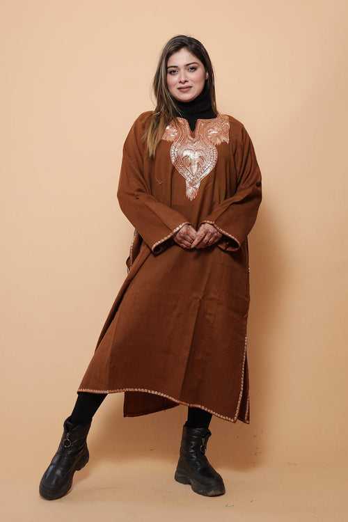 Brown Color Kashmiri  Work Embroidered Phiran Enriched With Zari Neckline Pattern