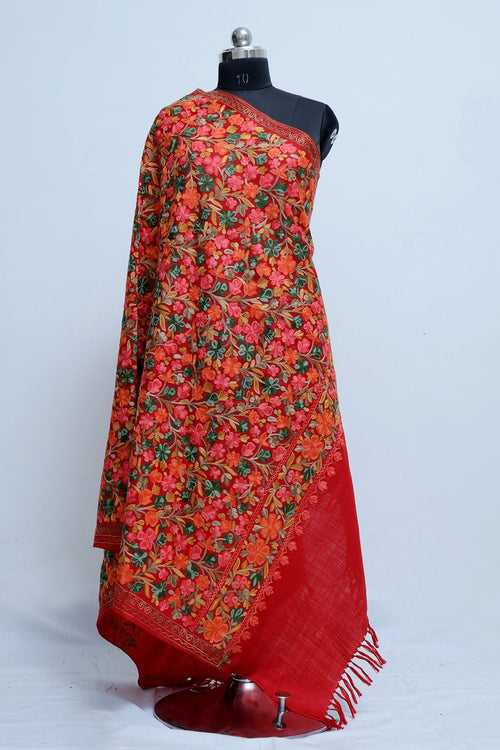 Red Colour Kashmiri Work Embroidered Shawl Enriched With Four Sided Running Jaal Pattern