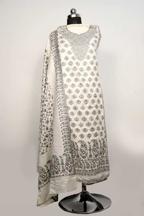 Cream White Color Woolen Kashmiri Kani Work Unstitched Suit Fabric With Stole.