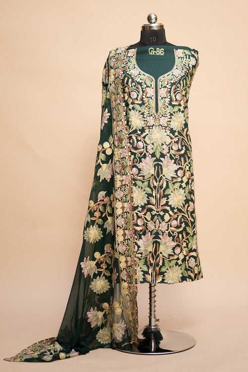 Dark Green Colour Designer Aari Work Salwar Kameez With Running Jaal Pattern