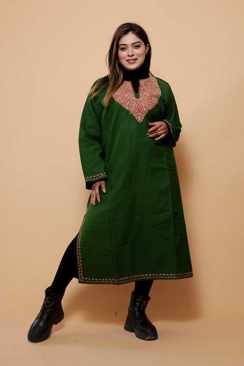 Green Color Kashmiri  Work Embroidered Phiran Enriched With Mechine Sozni Neckline Pattern