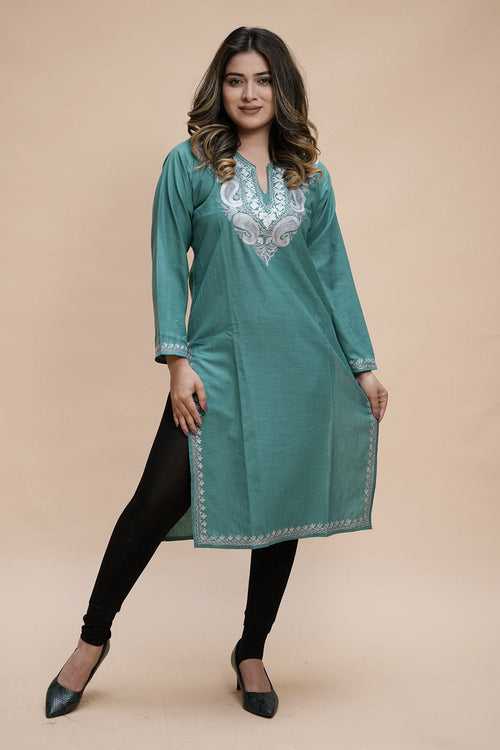 Green Colour Cotton Kurti With Kashmiri Motifs With Latest Fashion Trend.