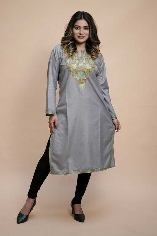 Grey  Colour Cotton Kurti With Kashmiri Motifs With Latest Fashion Trend.