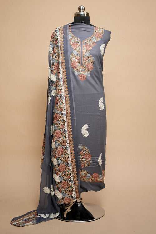 Grey Colour Designer Aari Work Salwar Kameez With Running Neckline Ambi Motif Pattern