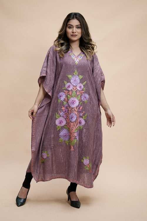 Lavender  Colour Crush Cotton Kashmiri Aari Work Designer Kaftan