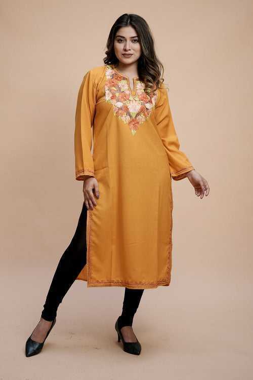 Mustard Colour Cotton Kurti With Kashmiri Motifs With Latest Fashion Trend.