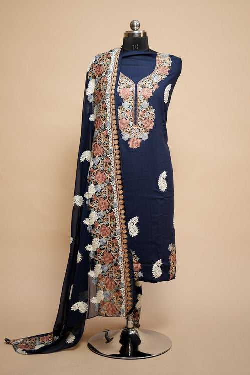 Navy Blue  Colour Designer Aari Work Salwar Kameez With Running Neckline Ambi Motif Pattern