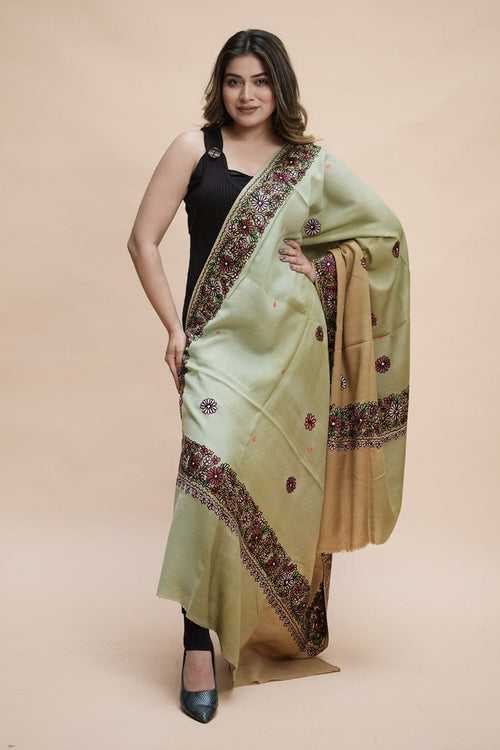 Ombre Color Kashmiri Shawl With Aari Border Gives A Trendy Look To The Wearer.