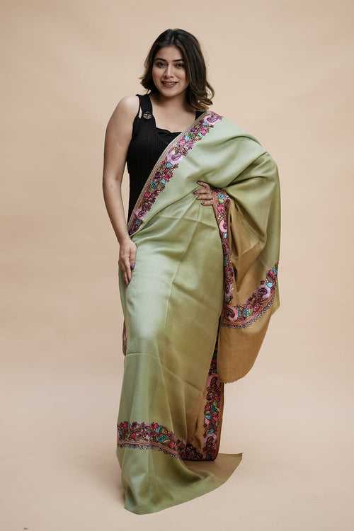 Ombre Color Kashmiri Shawl With Aari Border Gives A Trendy Look To The Wearer.