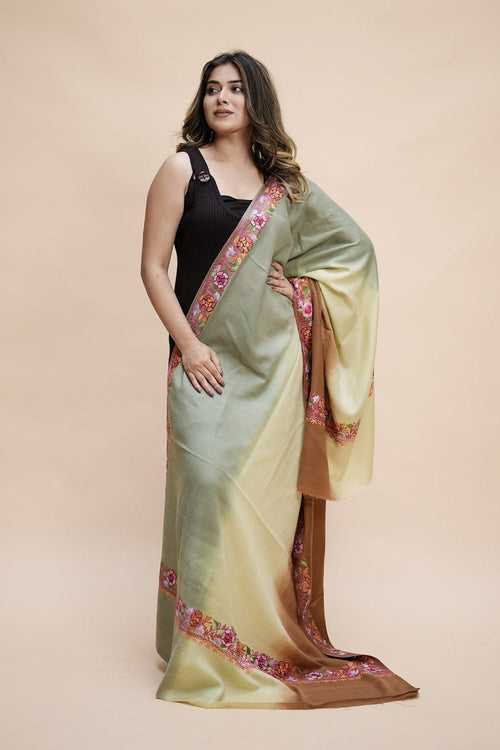 Ombre Color Kashmiri Shawl With Aari Border Gives A Trendy Look To The Wearer.