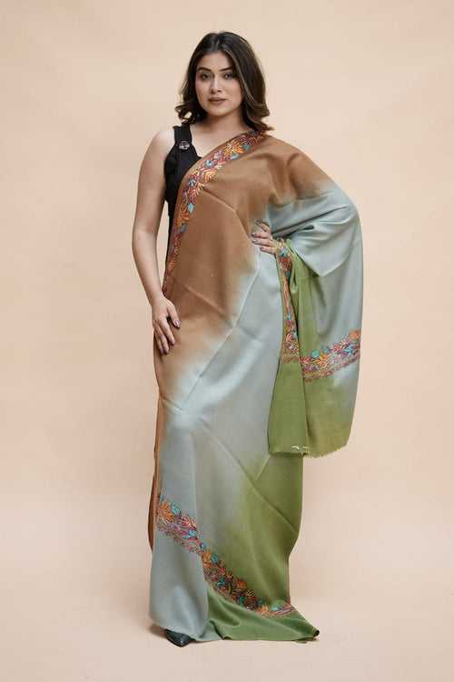 Ombre Color Kashmiri Shawl With Aari Border Gives A Trendy Look To The Wearer.