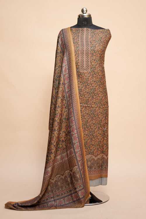 Pastel Color Woolen Kashmiri Kani Work Unstitched Suit Fabric With Stole.