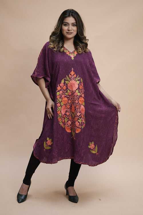 Purple  Colour Crush Cotton Kashmiri Aari Work Designer Kaftan