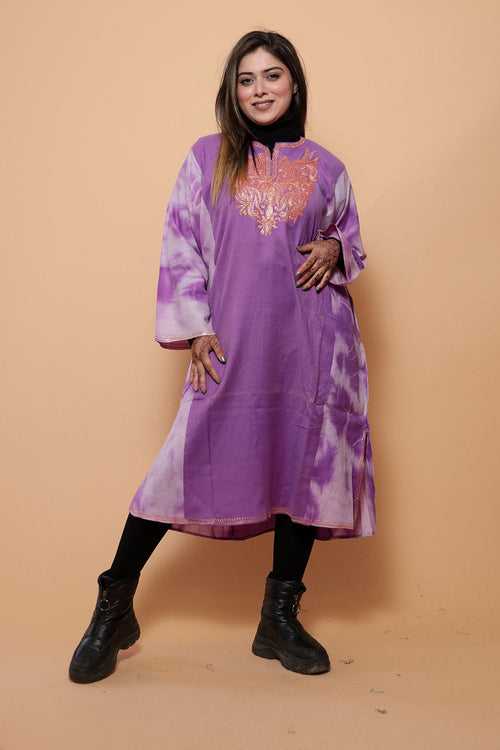 Purple Tye Dye Kashmiri  Work Embroidered Phiran Enriched With Zari Neckline Pattern