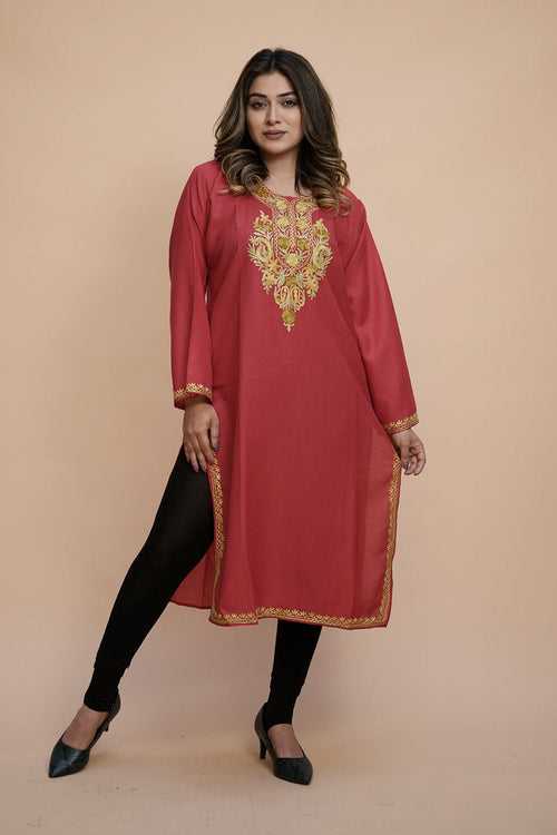 Red Colour Cotton Kurti With Kashmiri Motifs With Latest Fashion Trend.