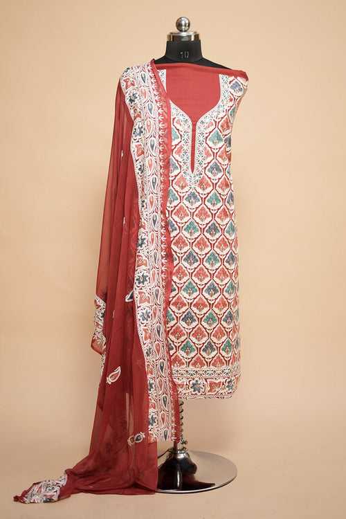 Red Colour Designer Aari Work Salwar Kameez With Running Neckline Chinar Pattern