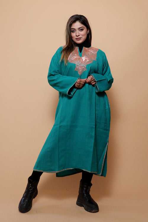 Sea Green Color Kashmiri  Work Embroidered Phiran Enriched With Zari Neckline Pattern