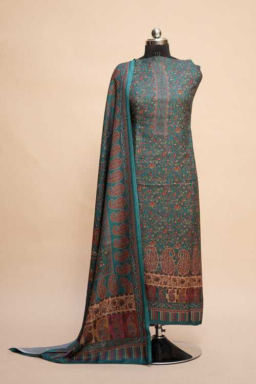 Sea Green Color Woolen Kashmiri Kani Work Unstitched Suit Fabric With Stole.