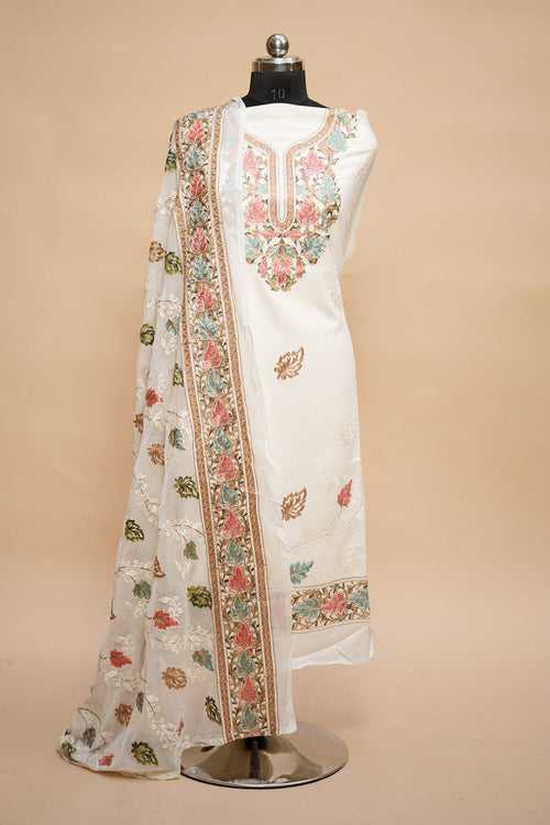White  Colour Designer Aari Work Salwar Kameez With Bottom Paisleys Design