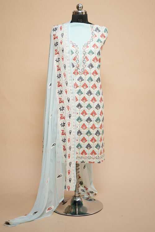 White Colour Designer Aari Work Salwar Kameez With Running Tulip Jaal  Pattern