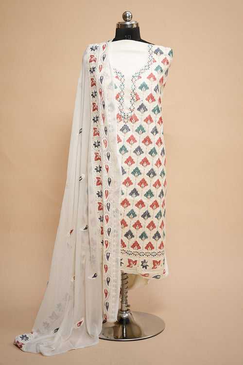 White Colour Designer Aari Work Salwar Kameez With Running Tulip Jaal  Pattern
