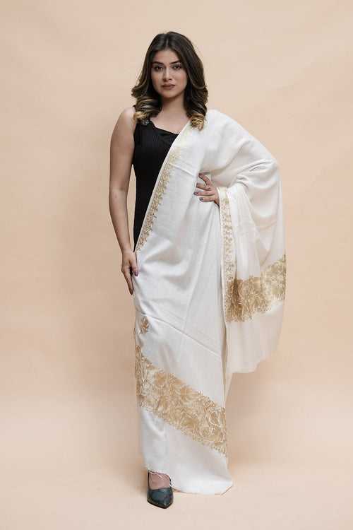 White Colour Semi Pashmina Shawl Enriched With Ethnic Heavy Golden Tilla Embroidery With Running border