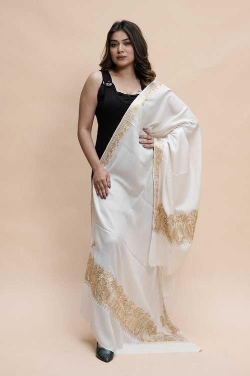 White Colour Semi Pashmina Shawl Enriched With Ethnic Heavy Golden Tilla Embroidery With Running border