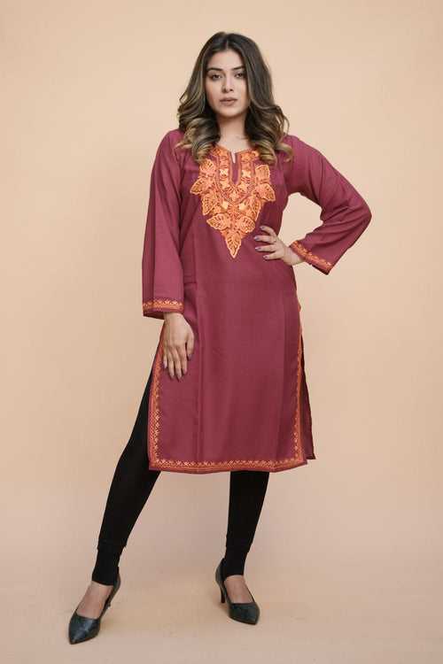 Wine Colour Cotton Kurti With Kashmiri Motifs With Latest Fashion Trend.