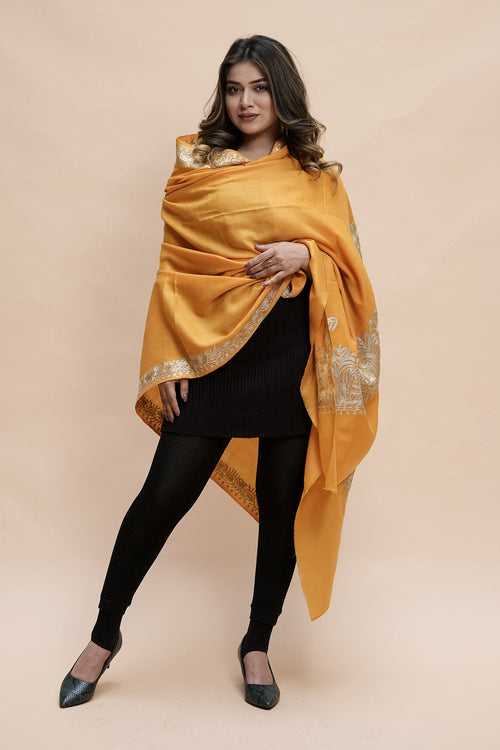 Yellow Mustard Colour Semi Pashmina Shawl Enriched With Ethnic Heavy Golden Tilla Embroidery With Running border