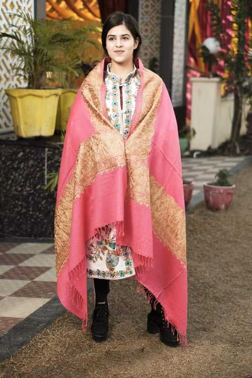 Light Pink Color Kashmiri Shawl With Tilla Work Gives A Trendy Look To The Wearer.